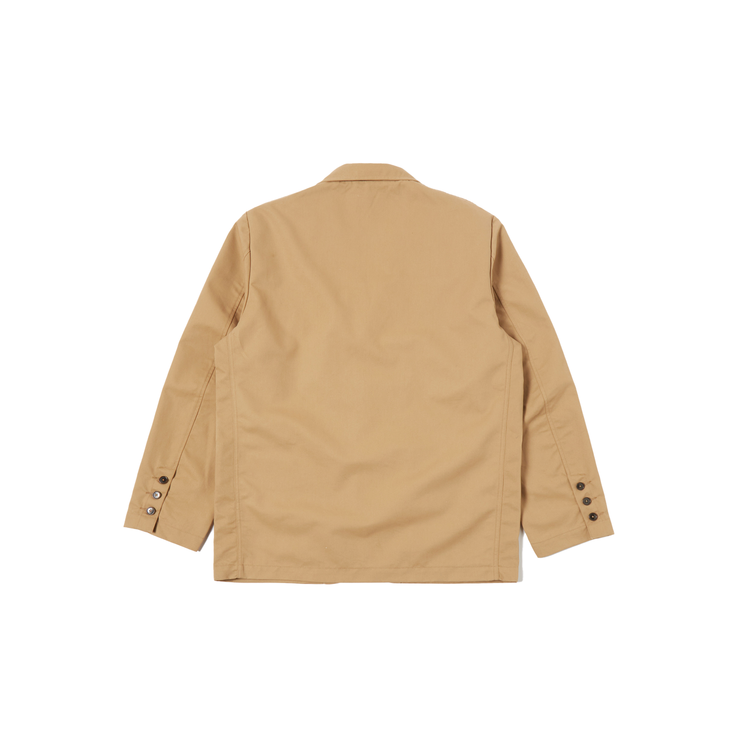 The Capitol Jacket by Universal Works is a loose-fitting beige design featuring buttoned cuffs and a notched lapel, made from recycled polyester. Shown from the back on a plain white background, this eco-friendly jacket combines style and sustainability.