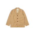 The Capitol Jacket by Universal Works is a tan blazer featuring a notched lapel, three black buttons, and two front pockets, made from recycled polyester. Displayed against a white background.