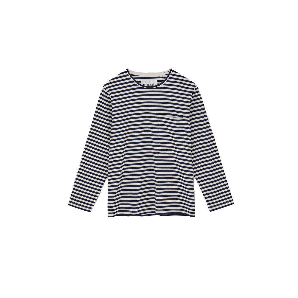 The Circular LS by Aiayu is a classic long-sleeve tee featuring navy and white stripes, made from recycled cotton, set against a plain background.