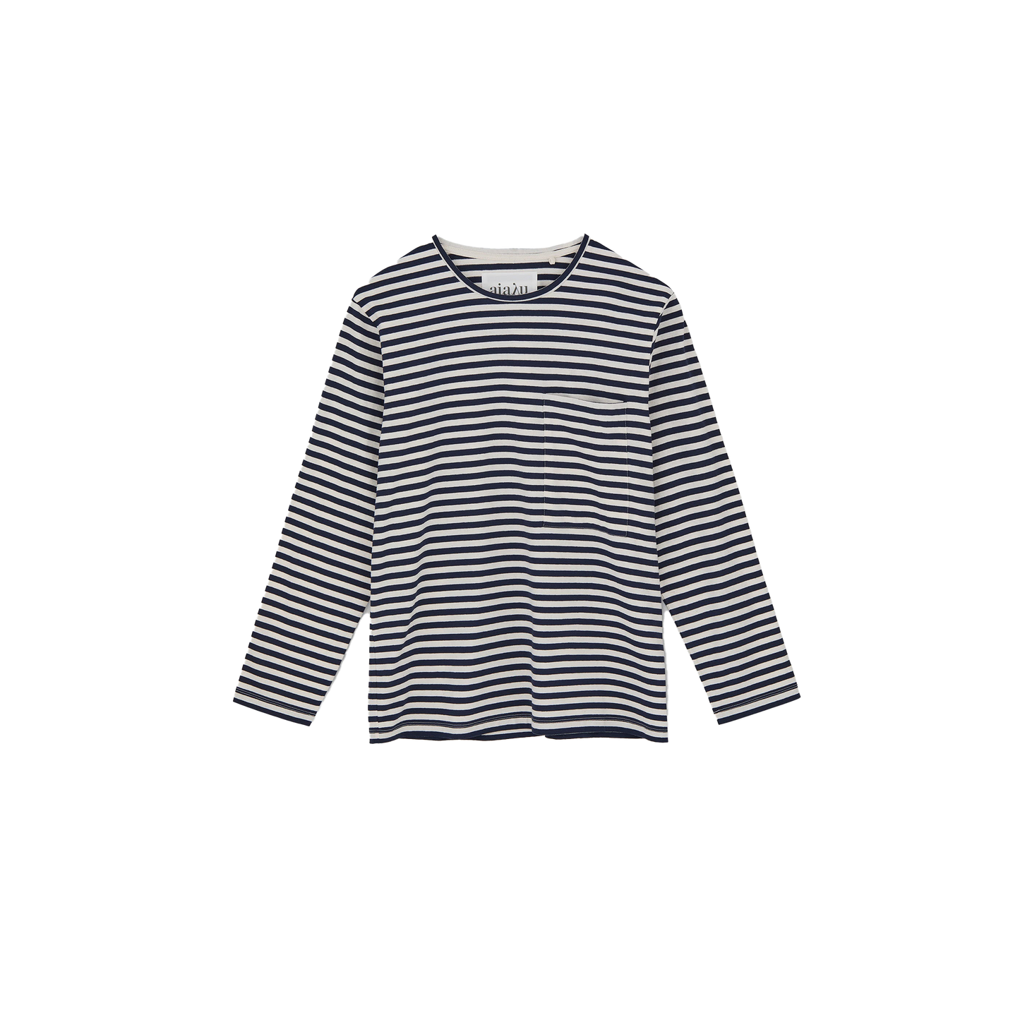 The Circular LS by Aiayu is a classic long-sleeve tee featuring navy and white stripes, made from recycled cotton, set against a plain background.