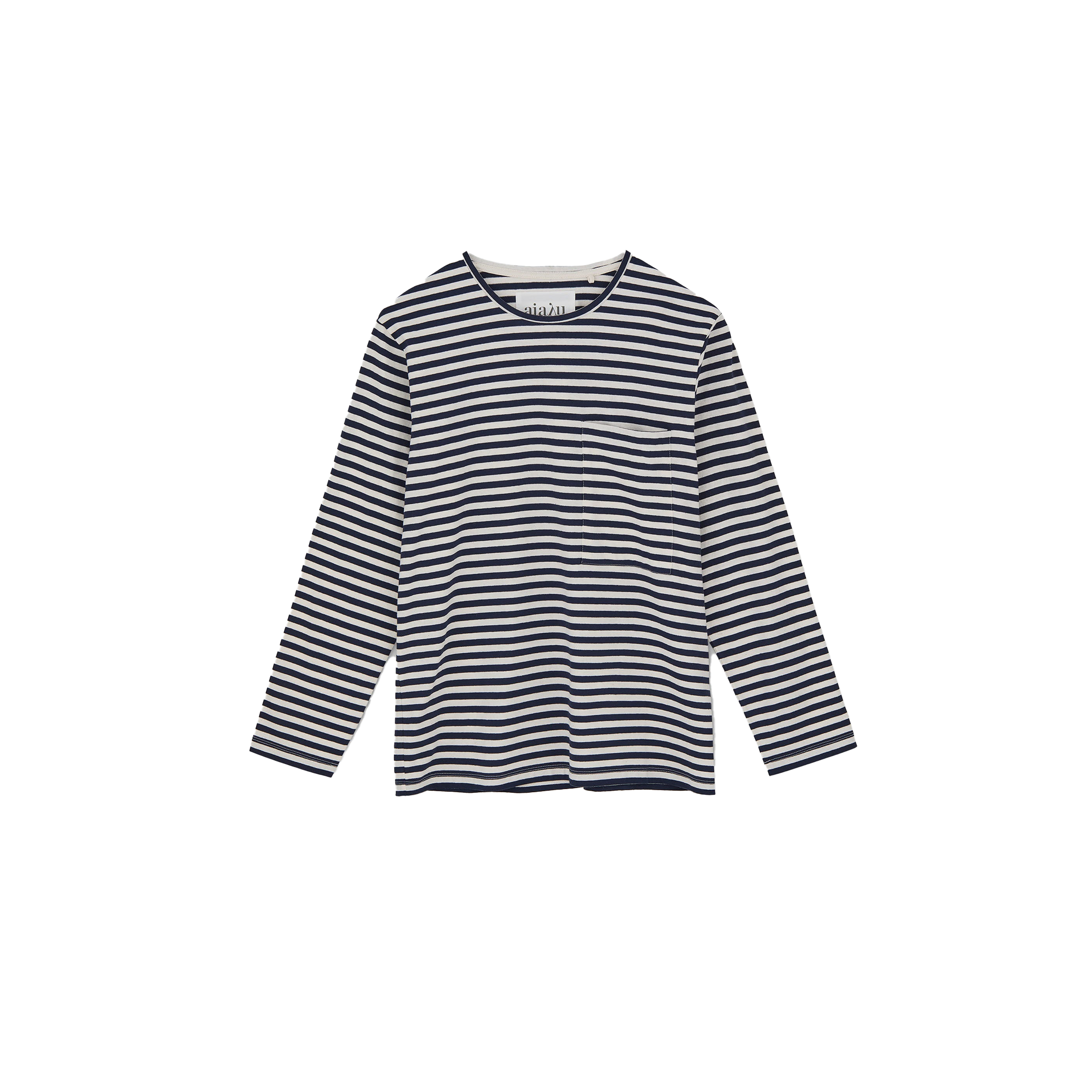 The Circular LS by Aiayu is a classic long-sleeve tee featuring navy and white stripes, made from recycled cotton, set against a plain background.