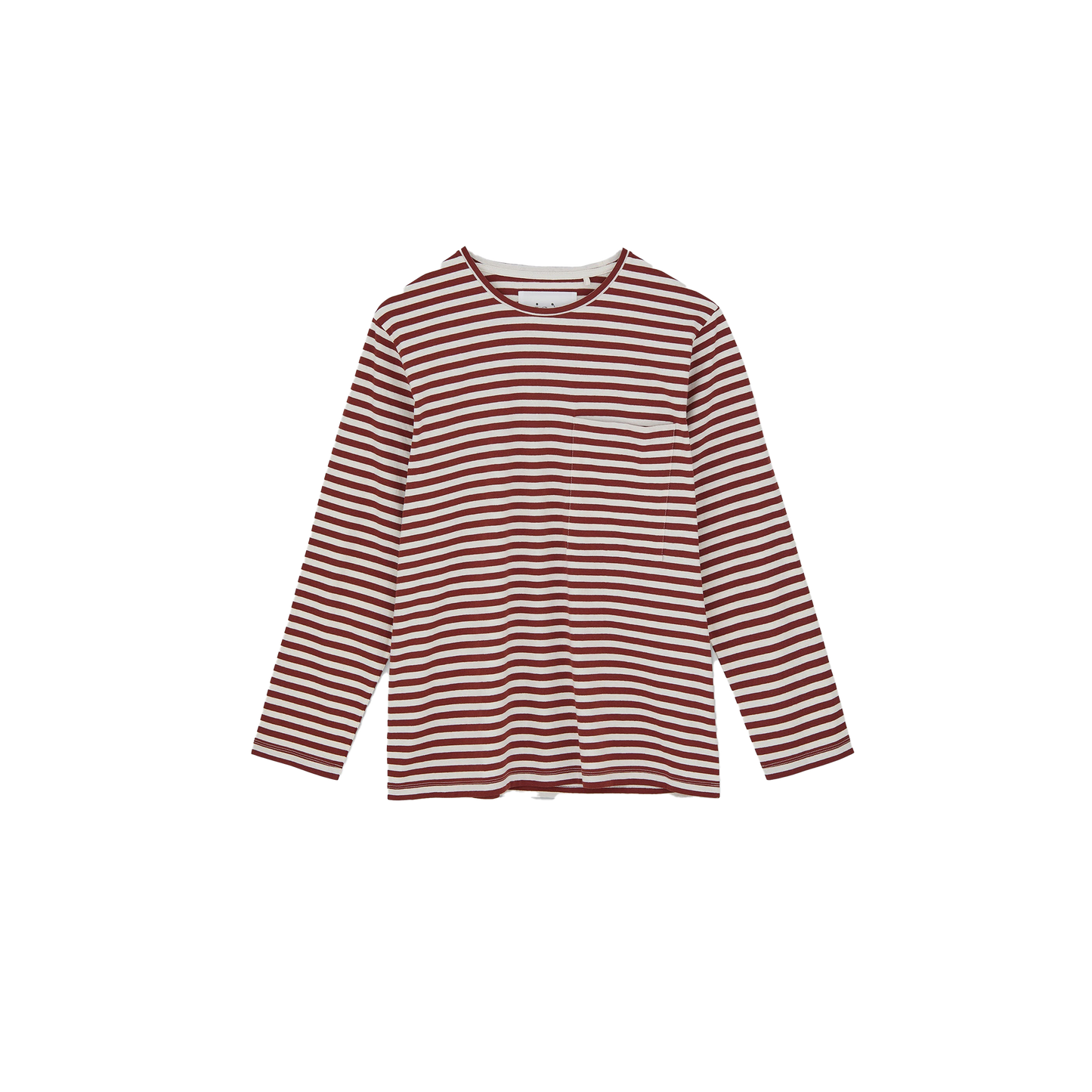 The Circular LS by Aiayu is a classic long sleeve tee made from recycled cotton, featuring red-and-white horizontal stripes on a plain background.