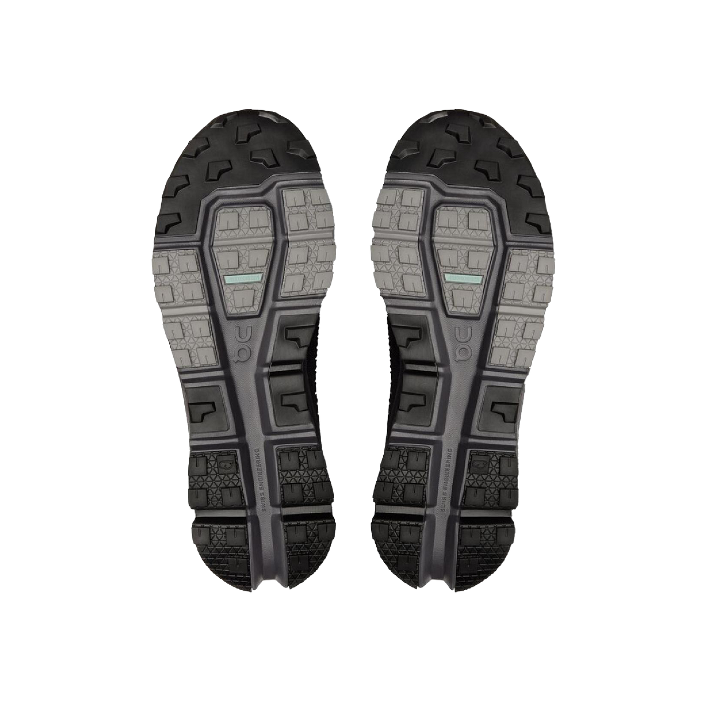 The image displays the soles of two Women's Cloudaway 2 shoes from On Running, featuring gray and black patterns with textured treads and an ultra-sticky Missiongrip™ outsole.