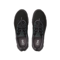 The Women's Cloudaway 2 by On Running is a pair of black adventure shoes with laces, boasting a water-repellent design and an ultra-sticky Missiongrip™ outsole, shown from above on a plain background.