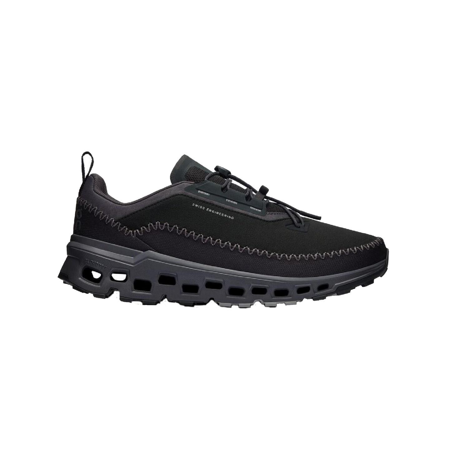 Introducing the Women's Cloudaway 2 by On Running: a black adventure shoe boasting a low-top design with a textured sole and zigzag stitch details on the upper. Its ultra-sticky Missiongrip™ outsole guarantees excellent traction, while the water-repellent finish ensures preparedness for any journey.