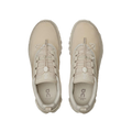 Top view of a pair of Women's Cloudaway 2 sneakers by On Running in beige, featuring elastic laces, a branded insole, and a Missiongrip™ outsole for ultimate traction.