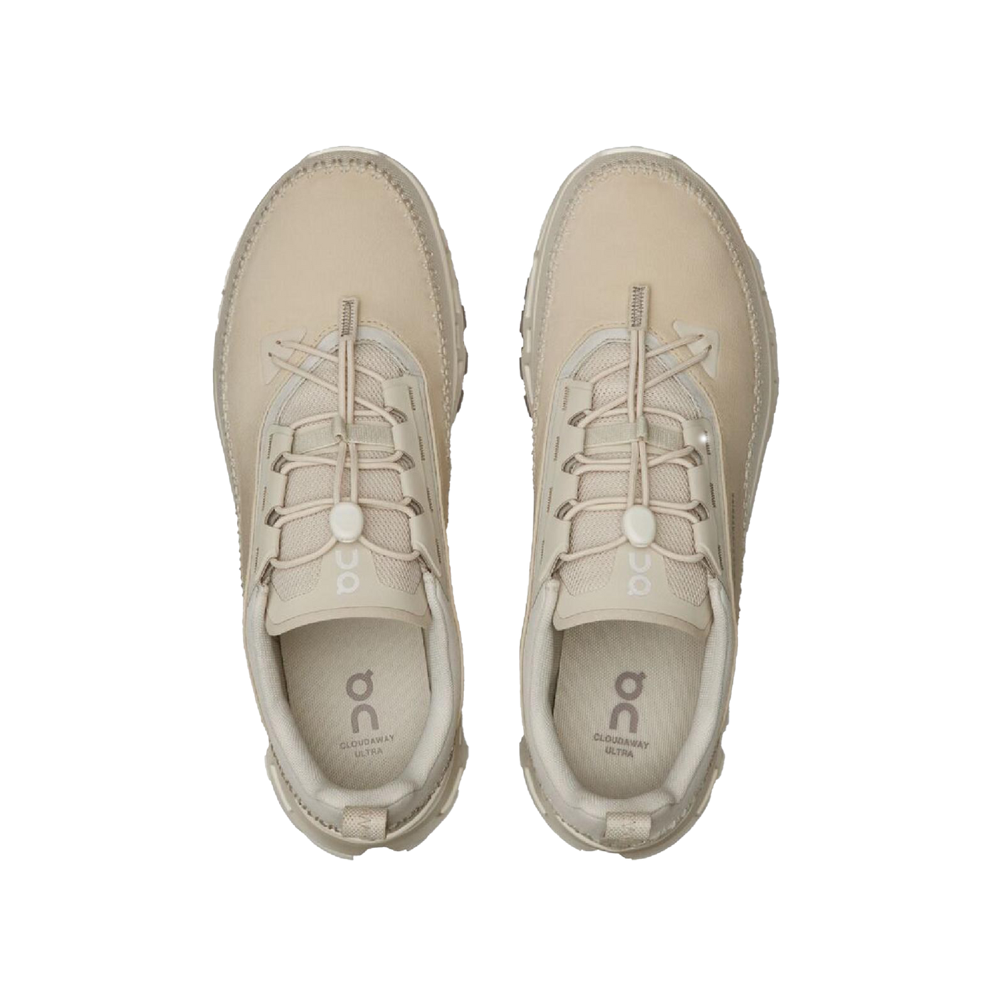 Top view of a pair of Women's Cloudaway 2 sneakers by On Running in beige, featuring elastic laces, a branded insole, and a Missiongrip™ outsole for ultimate traction.