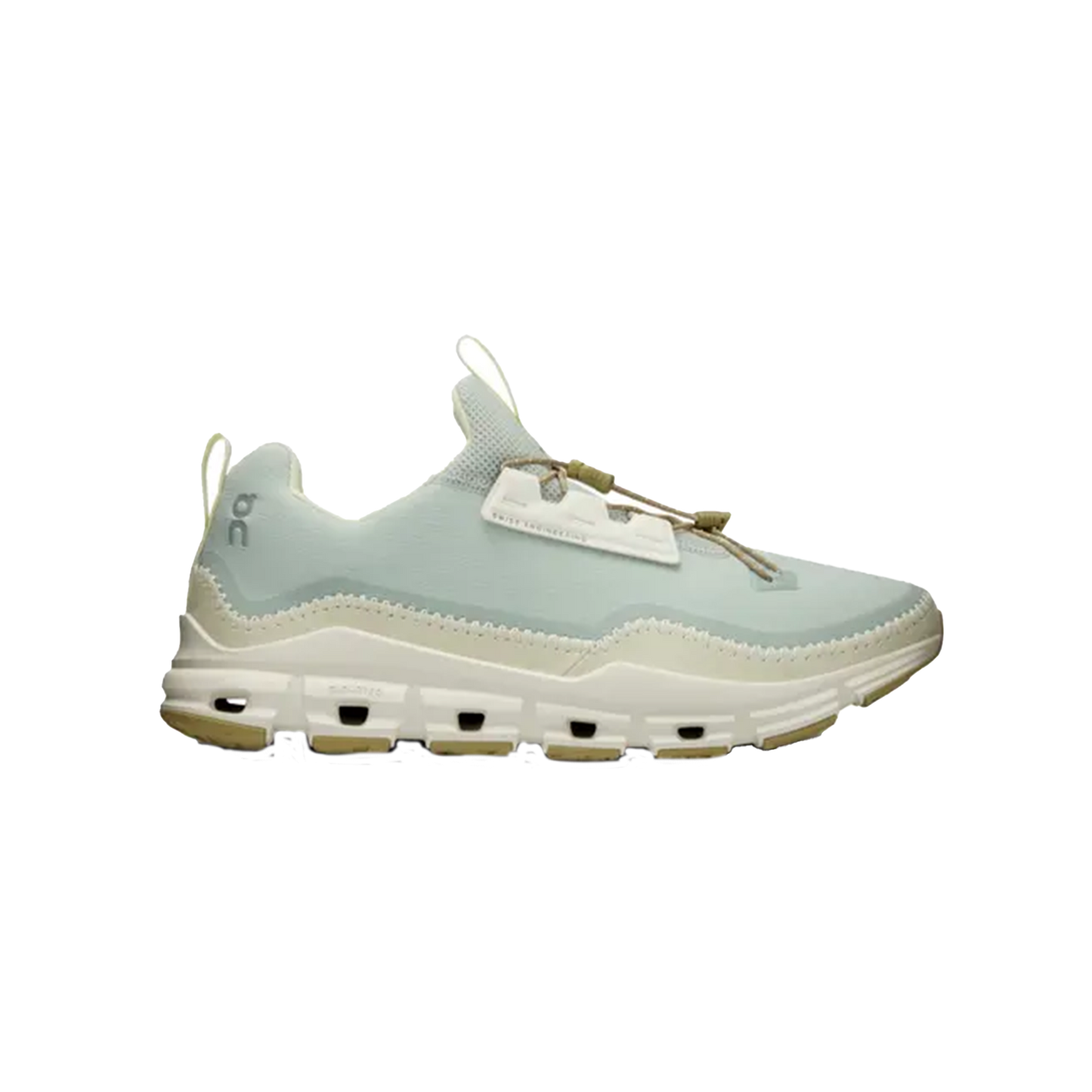 The Women's Cloudaway by On Running is a light blue and white athletic shoe featuring a vegan suede mudguard, ultra-lightweight mesh, chunky sole, lace-up front, and a pull tab at the heel. It's the perfect travel essential.