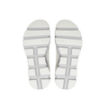 The image highlights the soles of the Women's Cloudaway shoes by On Running, featuring a white textured pattern, gray horizontal grooves, and an ultra-lightweight mesh design ideal for travel essentials.