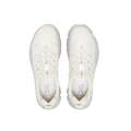 Top view of the On Running Women's Cloudaway sneakers in white, featuring lace loops and a logo on the insole, along with vegan suede mudguards for enhanced durability. These travel essentials from On Running ensure comfort for any adventure.