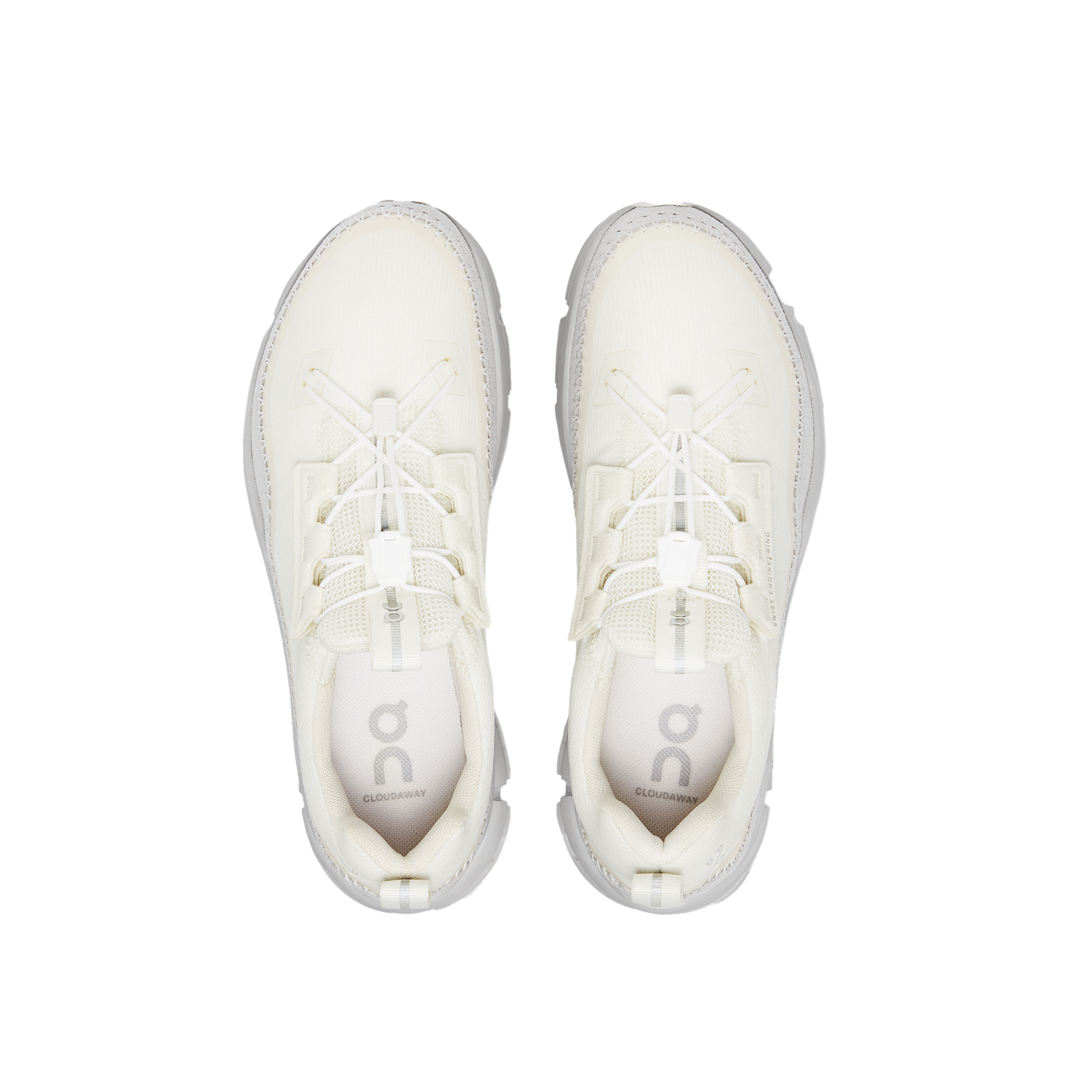 Top view of the On Running Women's Cloudaway sneakers in white, featuring lace loops and a logo on the insole, along with vegan suede mudguards for enhanced durability. These travel essentials from On Running ensure comfort for any adventure.