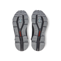 The bottom view showcases the tread patterns and red details on the gray and black soles of the Women's Cloudrock 2 Waterproof shoes by On Running, highlighted by their innovative CloudTec® outsole for a sleek appearance.