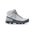 Introducing the Women's Cloudrock 2 Waterproof by On Running: a gray high-top speed-hiking boot featuring a textured sole and lace-up front, designed for ultimate durability with its waterproof construction. Experience enhanced comfort on every adventure, thanks to its shock absorption technology.