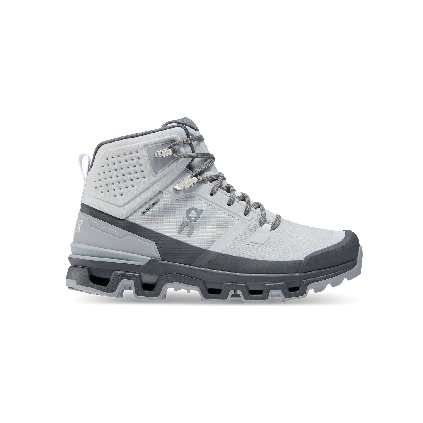 Introducing the Women's Cloudrock 2 Waterproof by On Running: a gray high-top speed-hiking boot featuring a textured sole and lace-up front, designed for ultimate durability with its waterproof construction. Experience enhanced comfort on every adventure, thanks to its shock absorption technology.