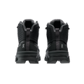 Rear view of the Women's Cloudrock 2 Waterproof shoes by On Running, featuring a black high-top design with perforated details, a loop on the heel, and enhanced shock absorption for ultimate comfort.