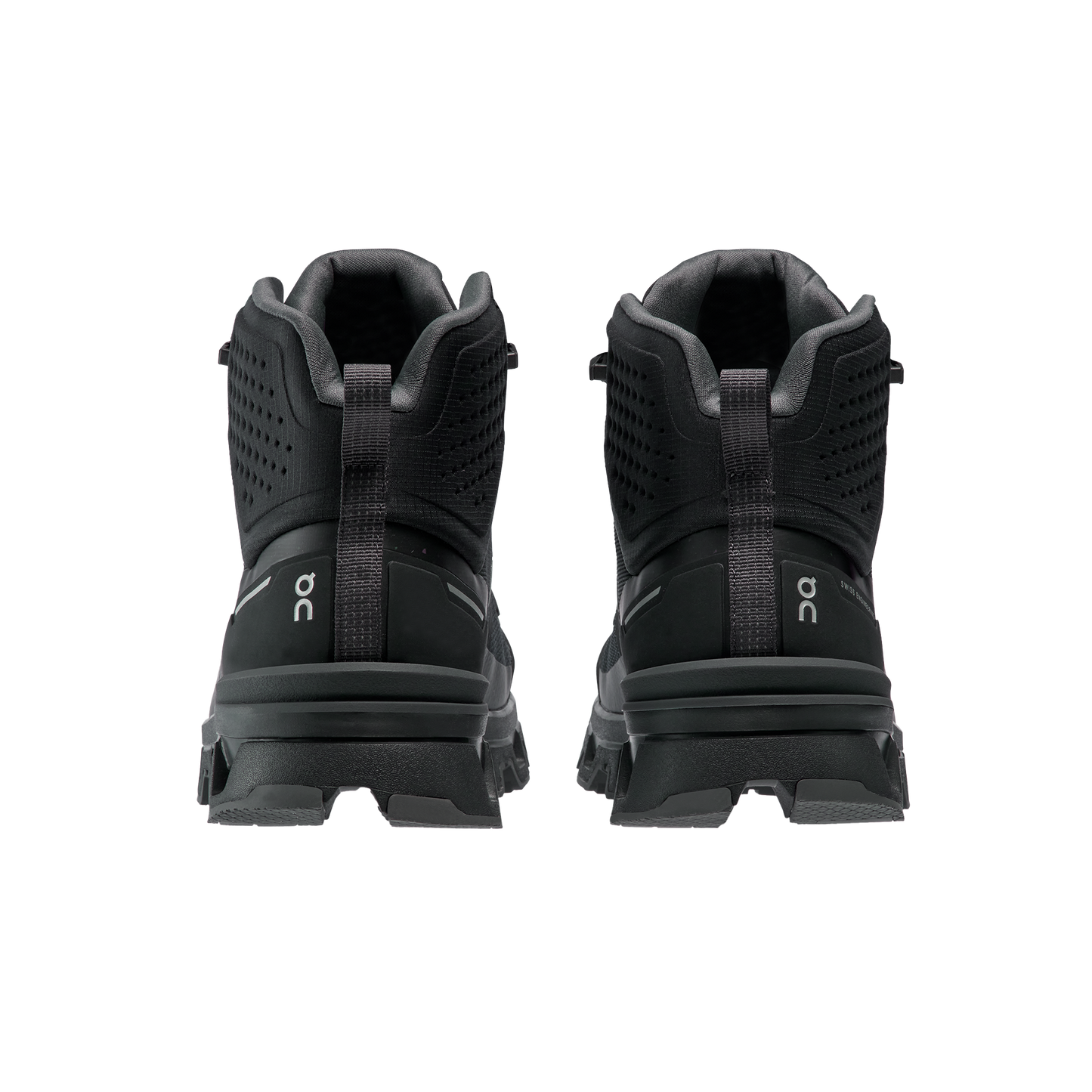 Rear view of the Women's Cloudrock 2 Waterproof shoes by On Running, featuring a black high-top design with perforated details, a loop on the heel, and enhanced shock absorption for ultimate comfort.