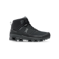 The Women's Cloudrock 2 Waterproof by On Running is a black high-top hiking boot designed for speed-hiking enthusiasts, featuring a textured sole, lace-up front, and excellent shock absorption.