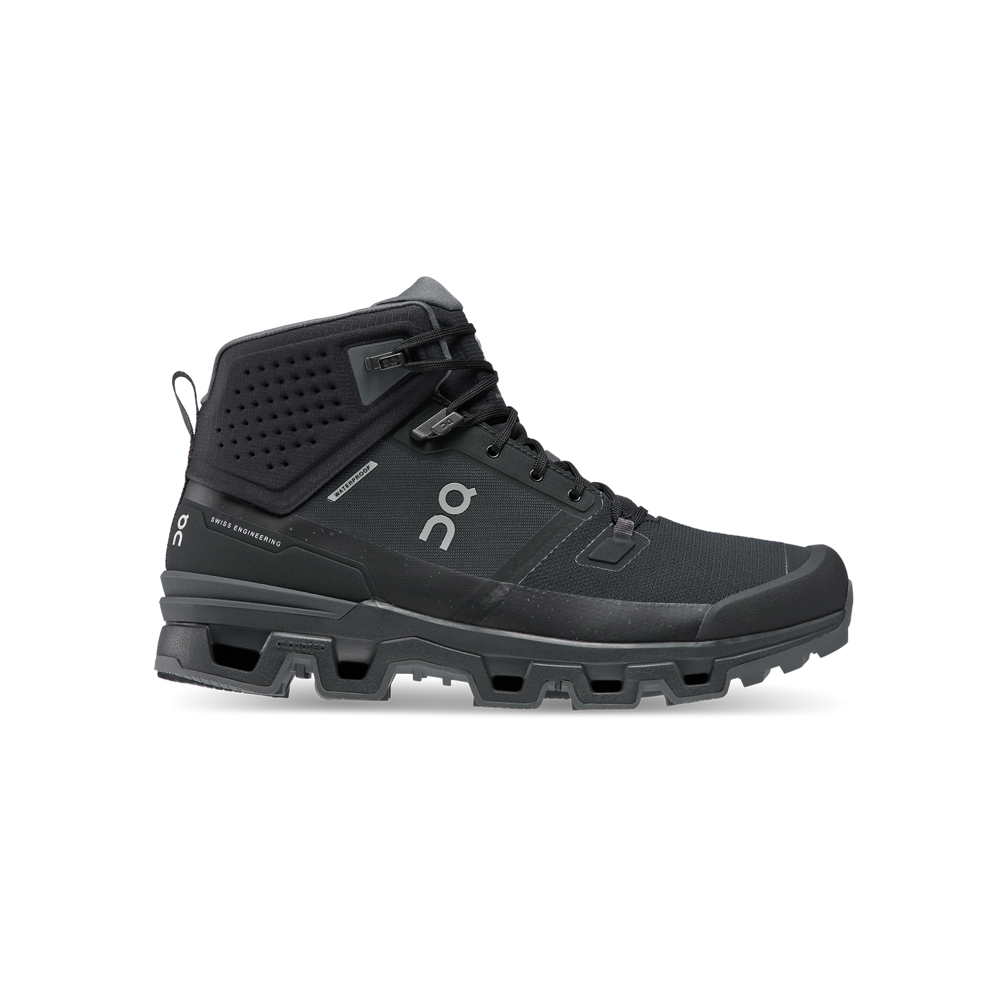 The Women's Cloudrock 2 Waterproof by On Running is a black high-top hiking boot designed for speed-hiking enthusiasts, featuring a textured sole, lace-up front, and excellent shock absorption.