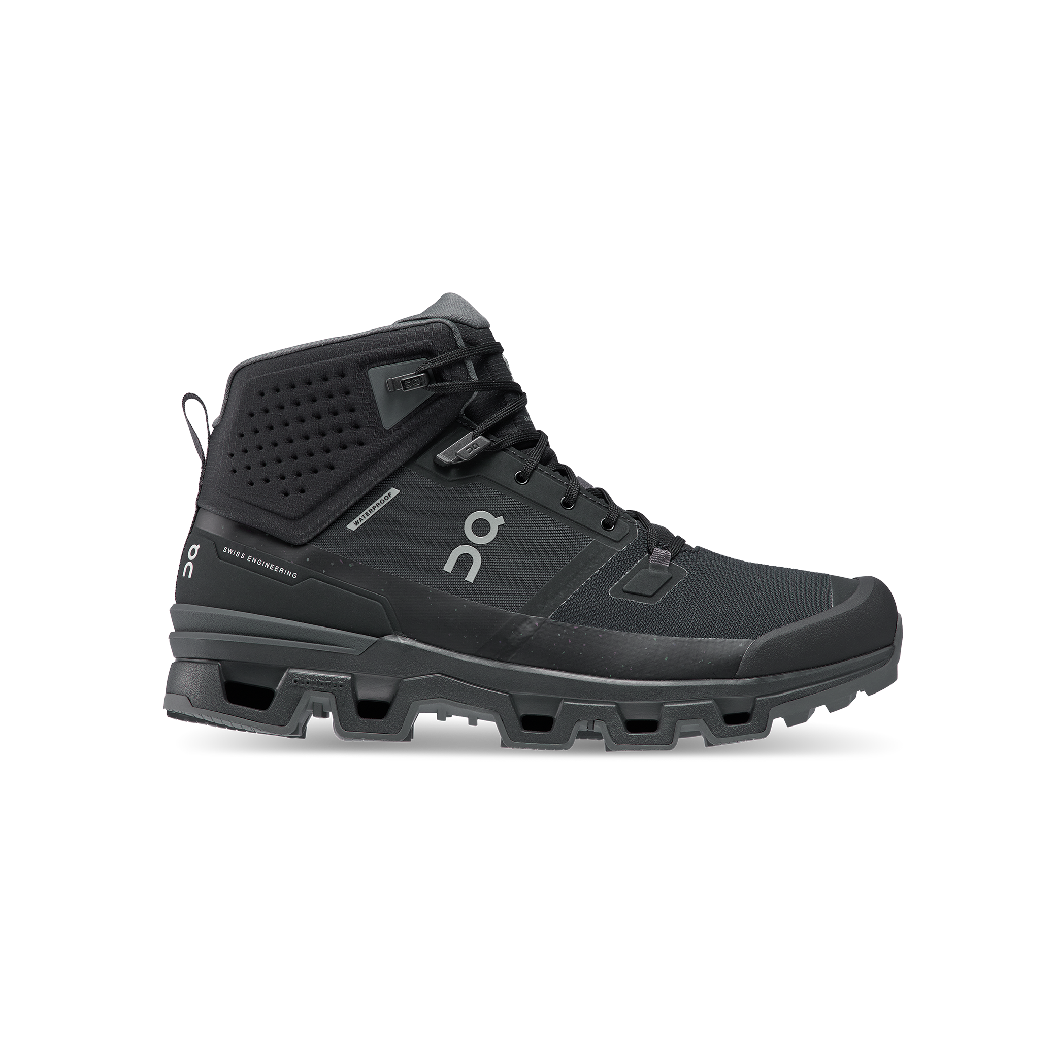 The Women's Cloudrock 2 Waterproof by On Running is a black high-top hiking boot designed for speed-hiking enthusiasts, featuring a textured sole, lace-up front, and excellent shock absorption.