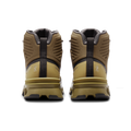 Viewed from the back against a black background is a pair of Women's Cloudrock 2 Waterproof shoes by On Running, featuring brown and yellow colors, designed for speed-hiking.