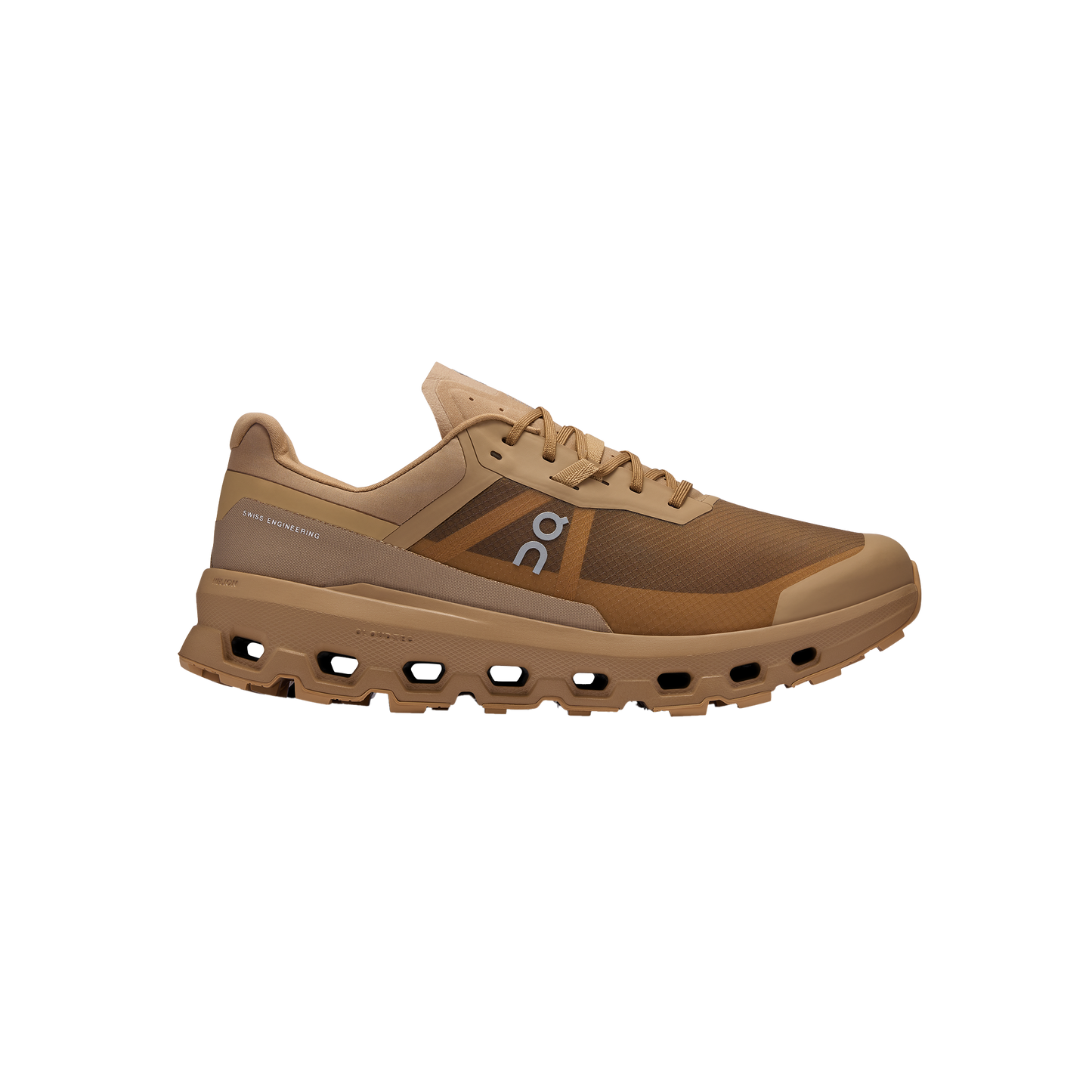 Introducing the Men's Cloudvista 2 trail running shoe by On Running, featuring a brown color, a thick Missiongrip™ outsole with ridges for excellent traction, and a branded logo on the side. It is equipped with a Helion™ superfoam midsole for exceptional comfort.