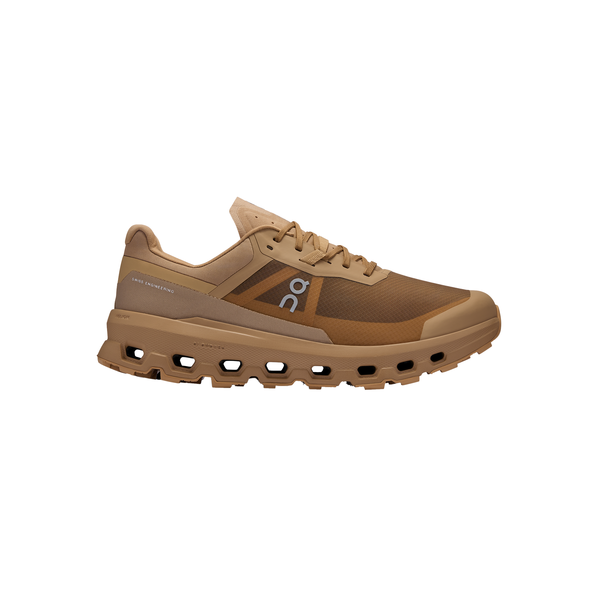 Introducing the Men's Cloudvista 2 trail running shoe by On Running, featuring a brown color, a thick Missiongrip™ outsole with ridges for excellent traction, and a branded logo on the side. It is equipped with a Helion™ superfoam midsole for exceptional comfort.