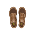 A pair of On Running Men's Cloudvista 2 trail running shoes in brown, showcasing a mesh design and prominent white logo, equipped with a Helion™ superfoam midsole for enhanced comfort, viewed from above on a plain black background.