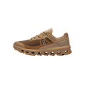 Side view of the Men's Cloudvista 2 by On Running, a brown and tan athletic trail running shoe featuring a cushioned sole with a lace-up design, enhanced by Helion™ superfoam midsole for comfort and Missiongrip™ outsole for superior stability.