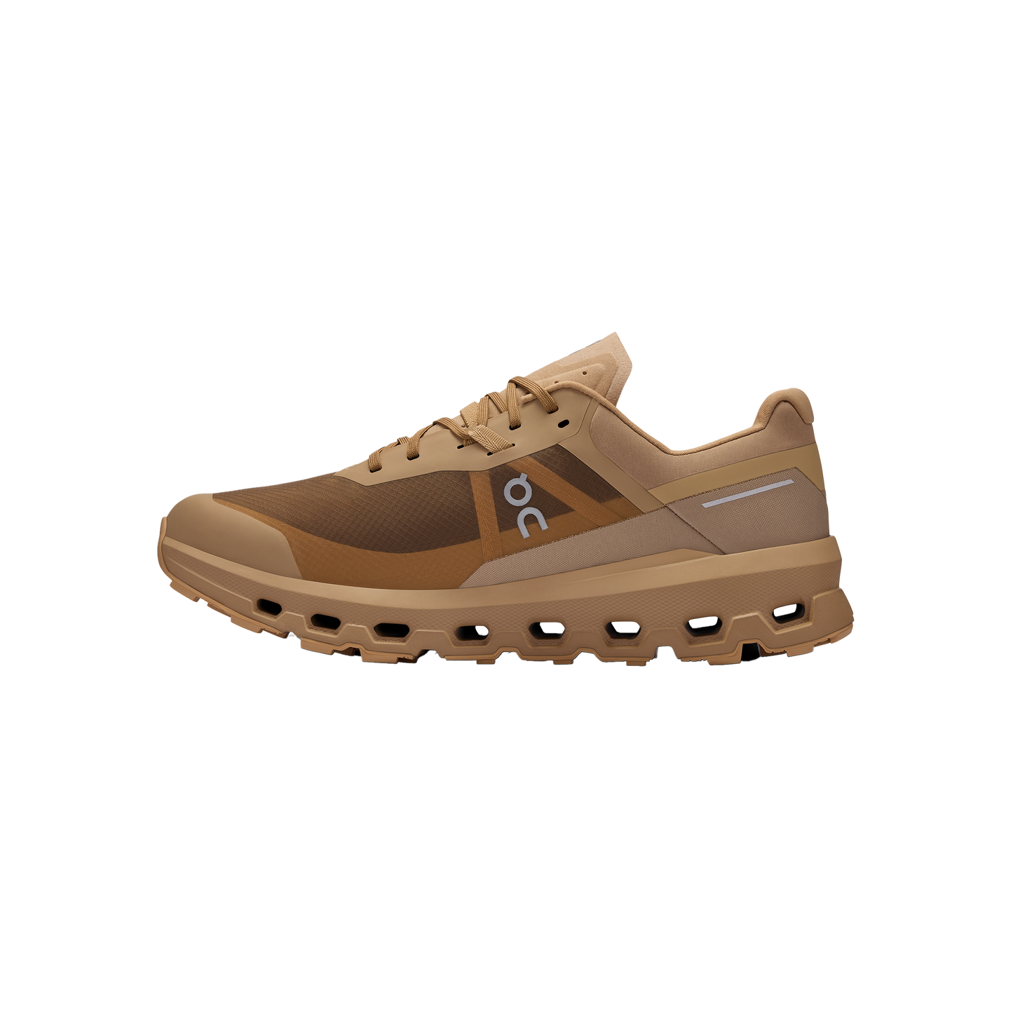 Side view of the Men's Cloudvista 2 by On Running, a brown and tan athletic trail running shoe featuring a cushioned sole with a lace-up design, enhanced by Helion™ superfoam midsole for comfort and Missiongrip™ outsole for superior stability.