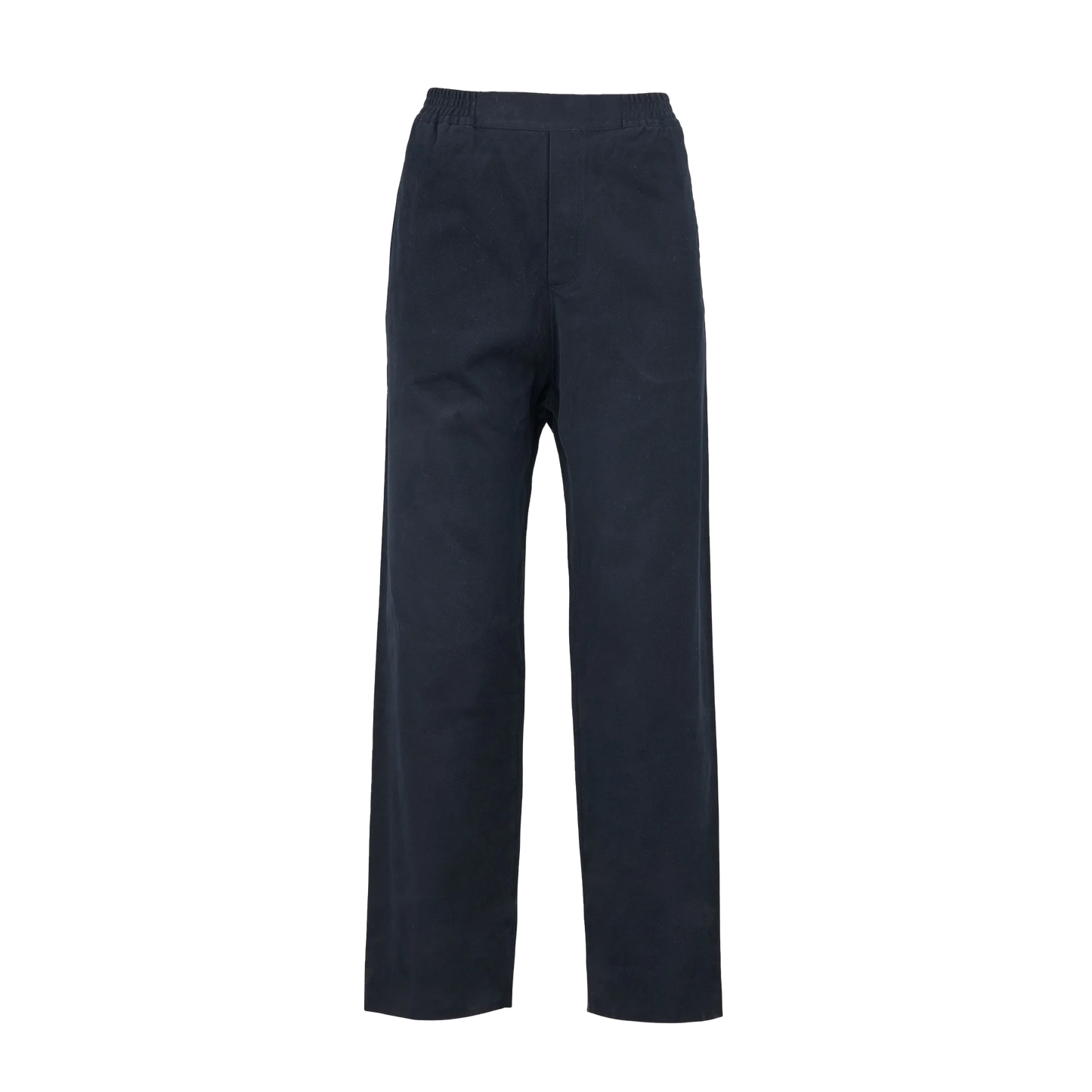 The Coco Pant Tailored Velvet by Aiayu, crafted from organic cotton in a dark blue hue, features an elastic waistband and is displayed against a plain background.