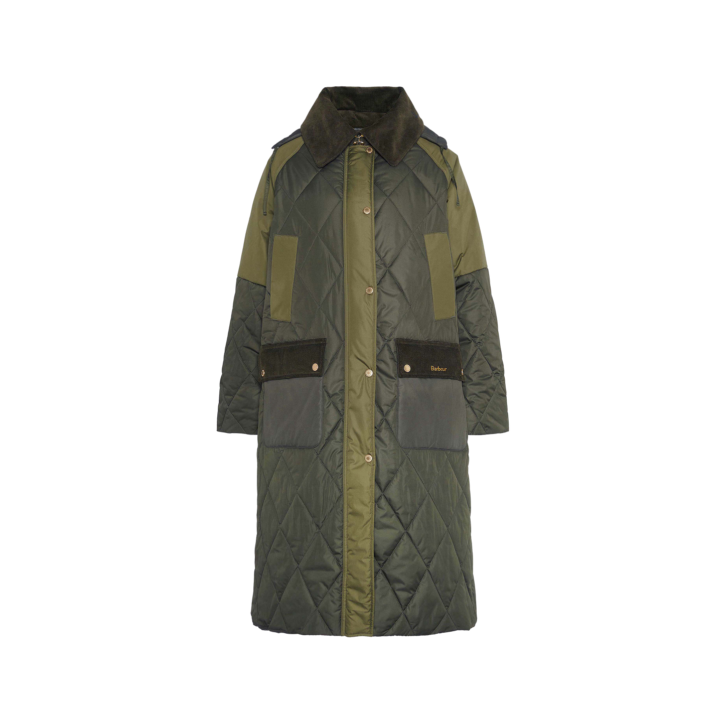 The Barbour W Cookston Longline Quilted Jacket, featuring diamond quilting, buttons, front pockets, and a detachable hood, is showcased on a white background.