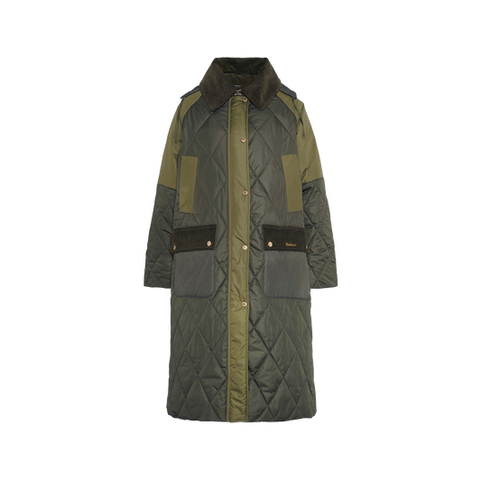 The Barbour W Cookston Longline Quilted Jacket, featuring diamond quilting, buttons, front pockets, and a detachable hood, is showcased on a white background.