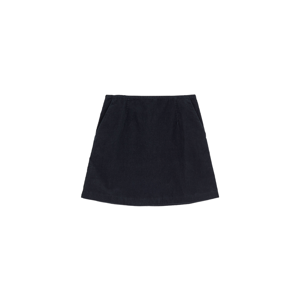 The Aiayu Corduroy Mini Skirt in black organic cotton is elegantly displayed against a plain white background.