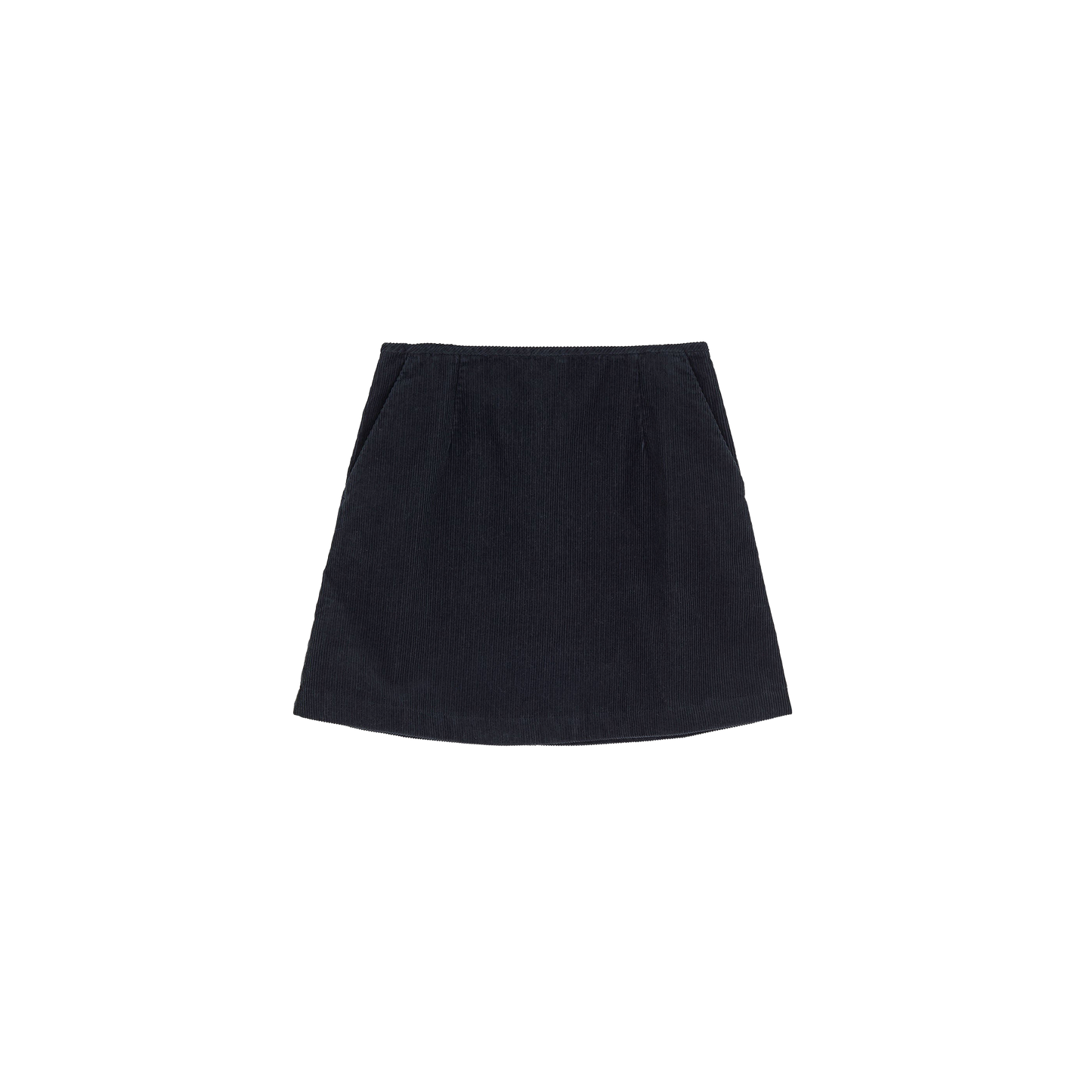 The Aiayu Corduroy Mini Skirt in black organic cotton is elegantly displayed against a plain white background.