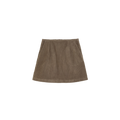 The Aiayu Corduroy Mini Skirt features a 70s-inspired A-line design in brown with front pockets, shown on a plain background.