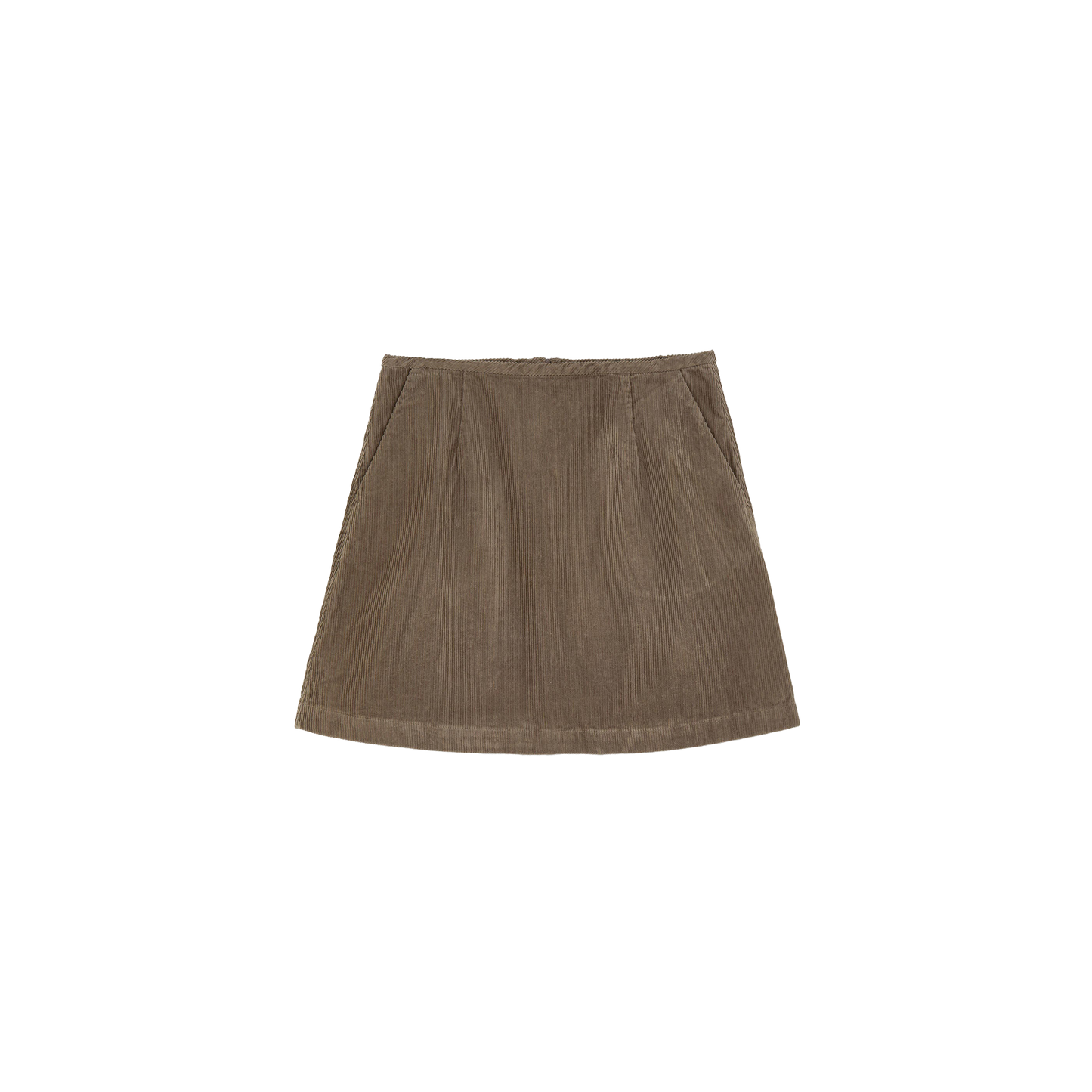 The Aiayu Corduroy Mini Skirt features a 70s-inspired A-line design in brown with front pockets, shown on a plain background.