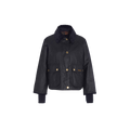 Image of a dark-colored, long-sleeved Barbour W Cropped Beadnell Waxed Jacket with a collar, buttoned front, and two large front pockets. The jacket features ribbed cuffs on the sleeves and oversized details for added style.