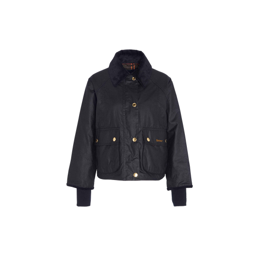 Image of a dark-colored, long-sleeved Barbour W Cropped Beadnell Waxed Jacket with a collar, buttoned front, and two large front pockets. The jacket features ribbed cuffs on the sleeves and oversized details for added style.