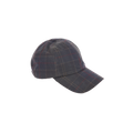 The Darwen Tartan Sports Cap by Barbour is a dark-colored baseball cap featuring the classic Barbour tartan with thin red and white lines, adorned with an embossed leather badge for a touch of sophistication.