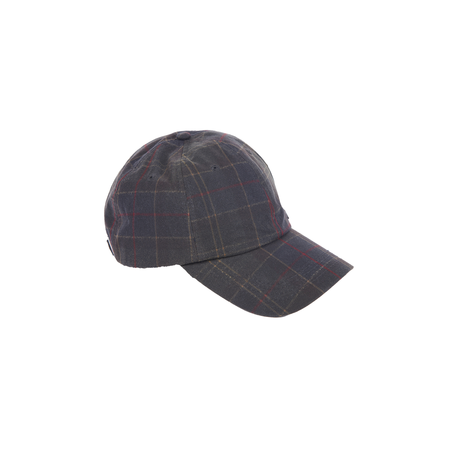 The Darwen Tartan Sports Cap by Barbour is a dark-colored baseball cap featuring the classic Barbour tartan with thin red and white lines, adorned with an embossed leather badge for a touch of sophistication.