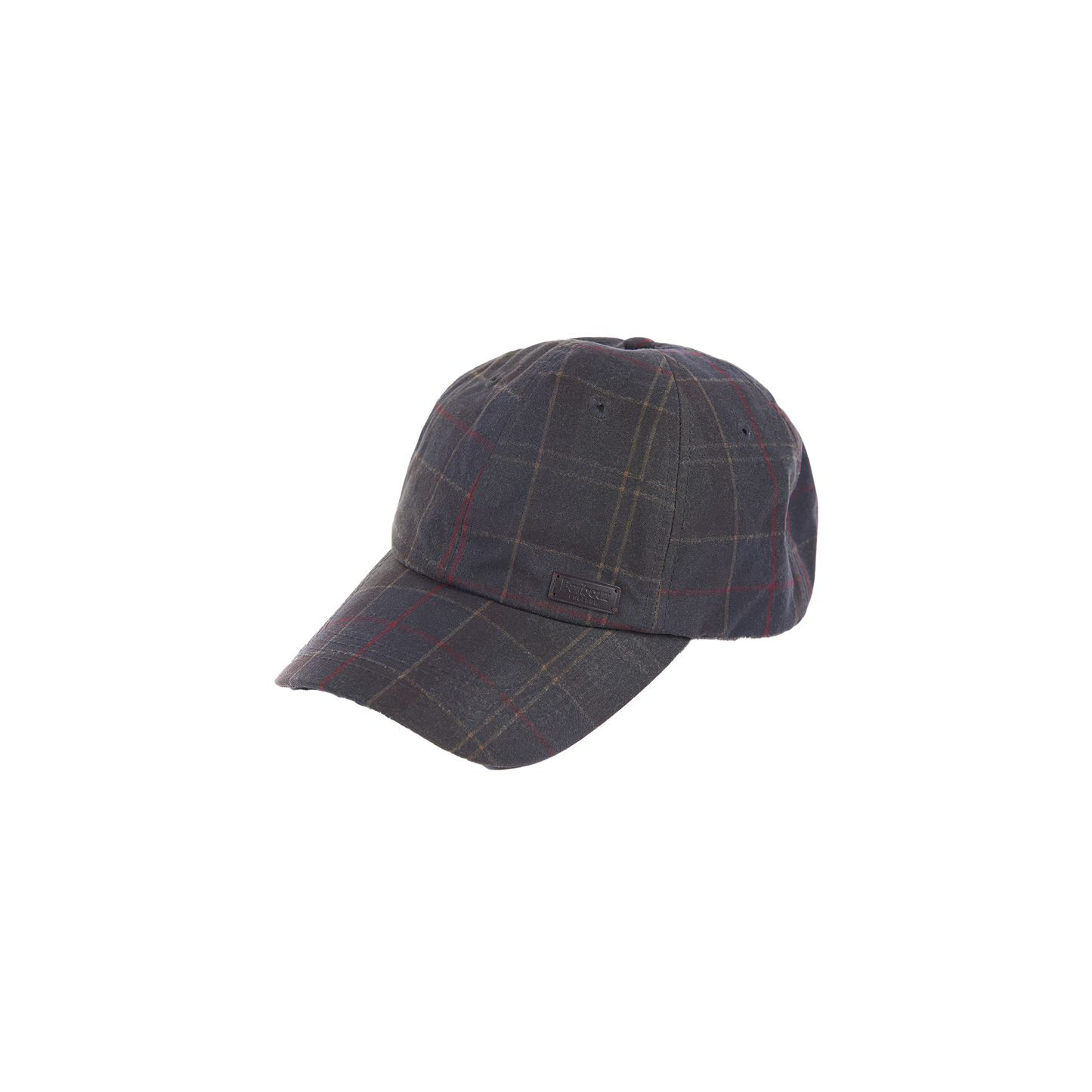 Product Data: The Darwen Tartan Sports Cap by Barbour showcases a dark color base with a refined tartan plaid pattern in lines of red, yellow, and other colors.