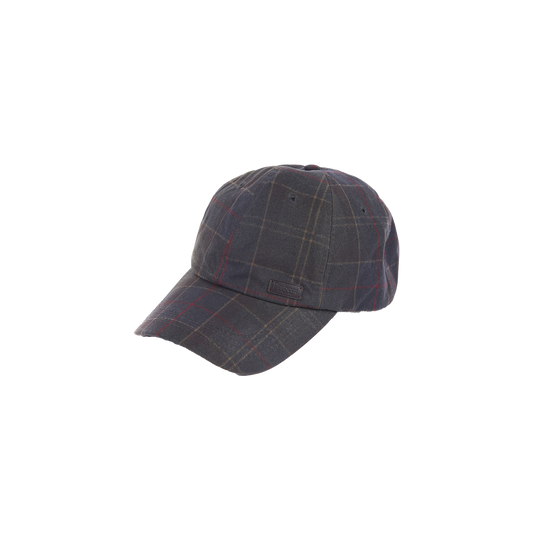 Product Data: The Darwen Tartan Sports Cap by Barbour showcases a dark color base with a refined tartan plaid pattern in lines of red, yellow, and other colors.