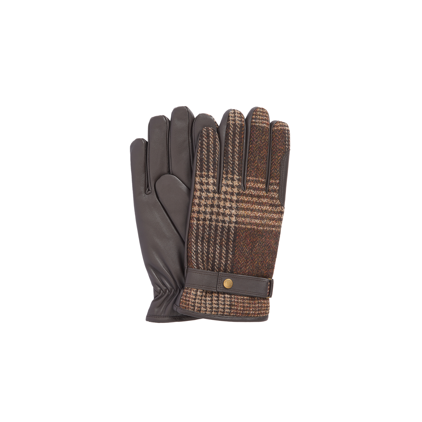 A pair of Barbour Deveron Tweed Gloves featuring brown leather with a houndstooth pattern on the back and a button detail at the wrist.