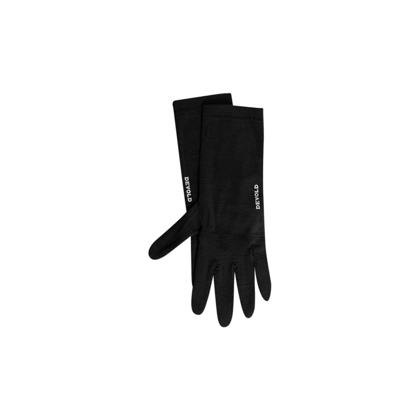 Pair of black innerliner gloves, labeled "Devold" on the cuffs, laid flat on a white background. Made from Merino wool, they provide an ultra-light touch for superior comfort and warmth.