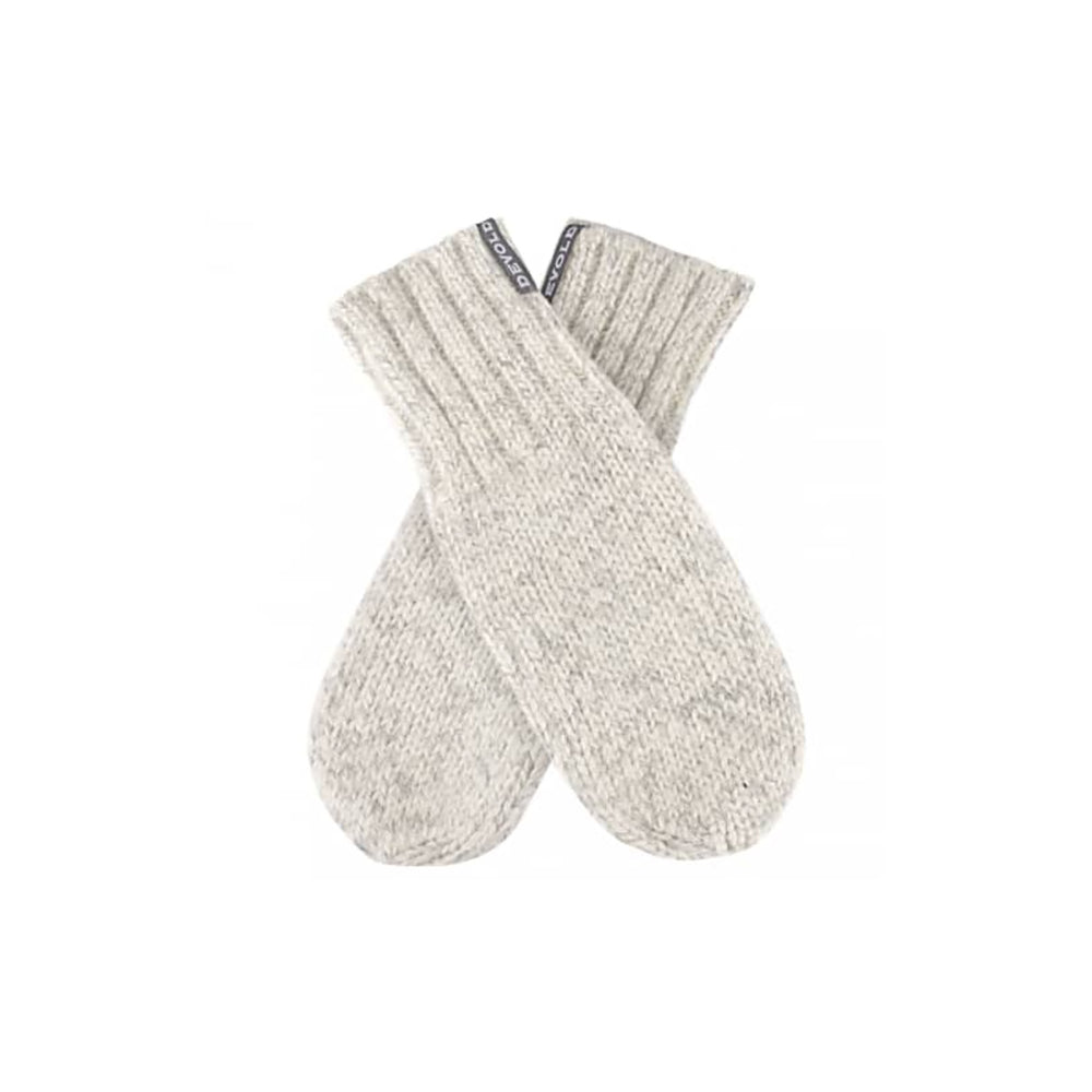 A pair of Nansen Mittens, Grey Melange by Devold, features a visible black label on the cuff and is crossed over each other on a plain white background.