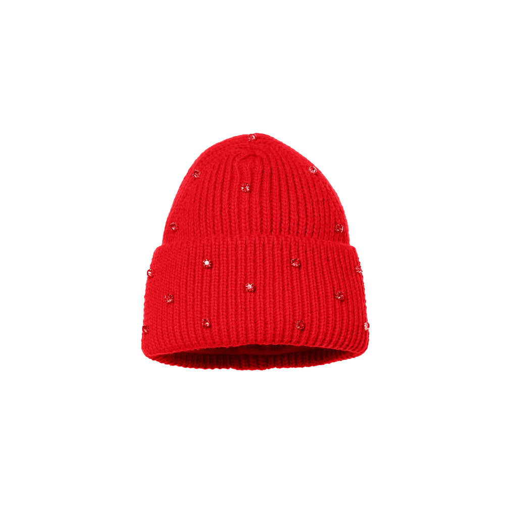 The Dream Beanie, Flame by Goldbergh, is a winter essential made from premium materials, showcasing a stunning red knit embellished with small, evenly spaced decorative beads.