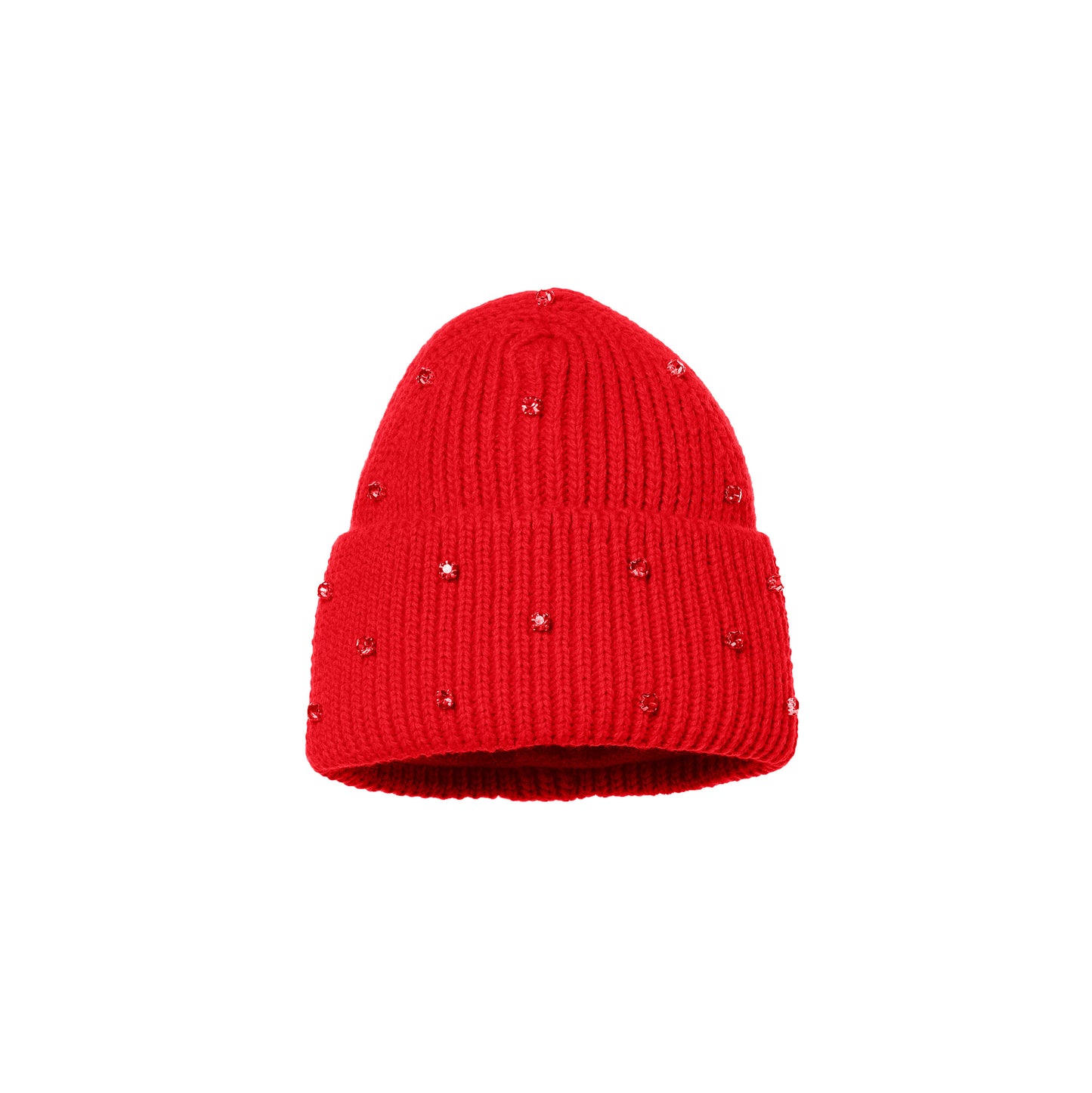 The Dream Beanie, Flame by Goldbergh, is a winter essential made from premium materials, showcasing a stunning red knit embellished with small, evenly spaced decorative beads.