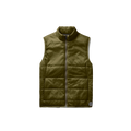 Introducing the Eco Insulated Vest by Aether, made from recycled polyester. This olive green quilted vest boasts a zipper closure and a round neck, effortlessly combining style with eco-friendly materials.