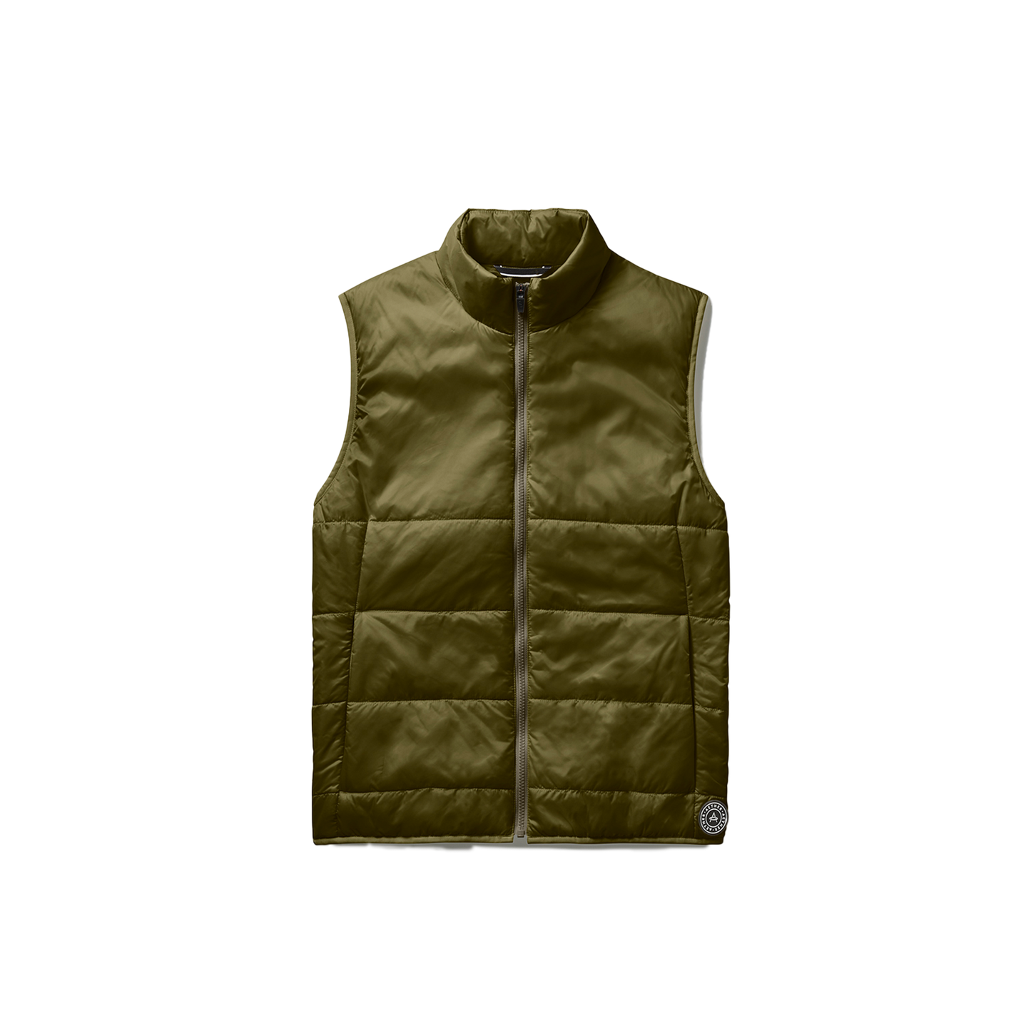 Introducing the Eco Insulated Vest by Aether, made from recycled polyester. This olive green quilted vest boasts a zipper closure and a round neck, effortlessly combining style with eco-friendly materials.