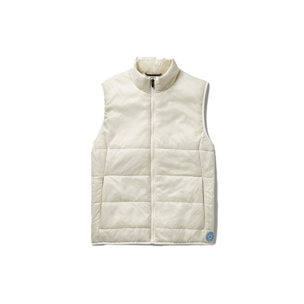 Introducing the Aether Eco Insulated Vest, a stylish cream-colored quilted vest designed with a high collar and zipper front, crafted from sustainable materials. It features a small round logo patch on the lower left side, merging fashion with eco-friendly values.